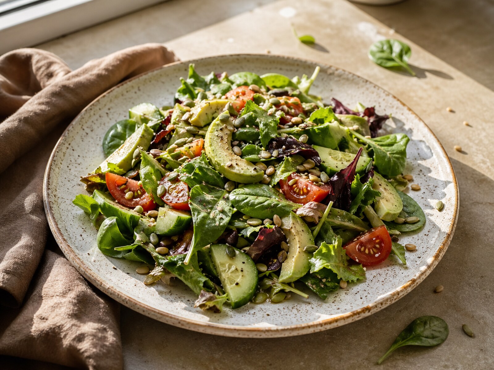 Ensalada fresca servida en plato ceramico