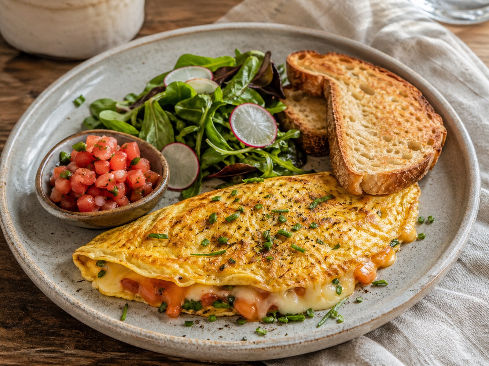 Omelette dorado con ensalada fresca